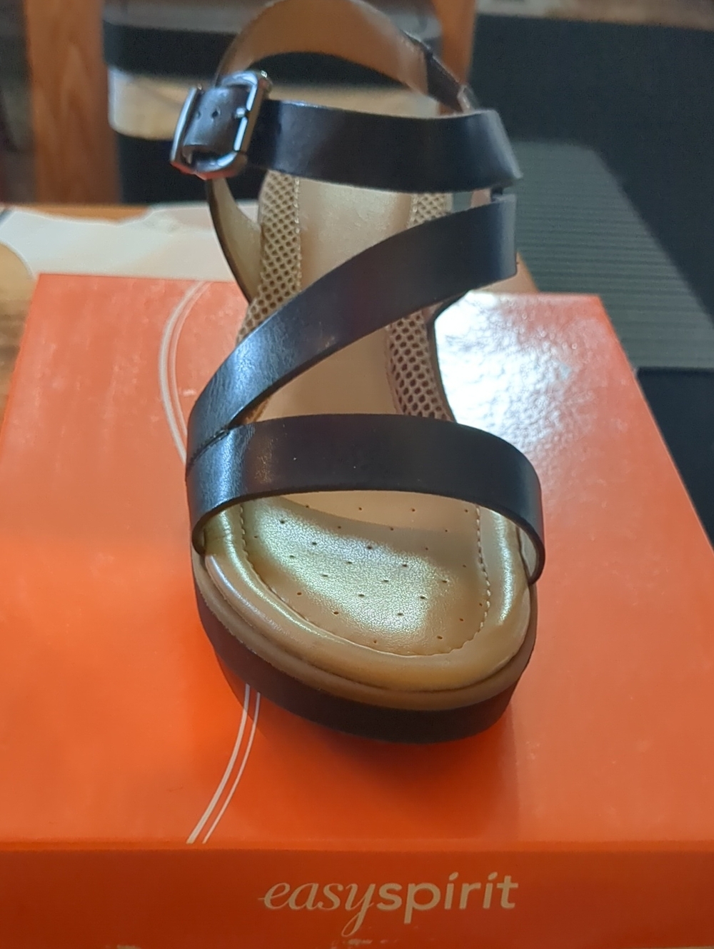 Easy Spirit Black Strappy Wedge Sandal with Buckle Ankle Strap